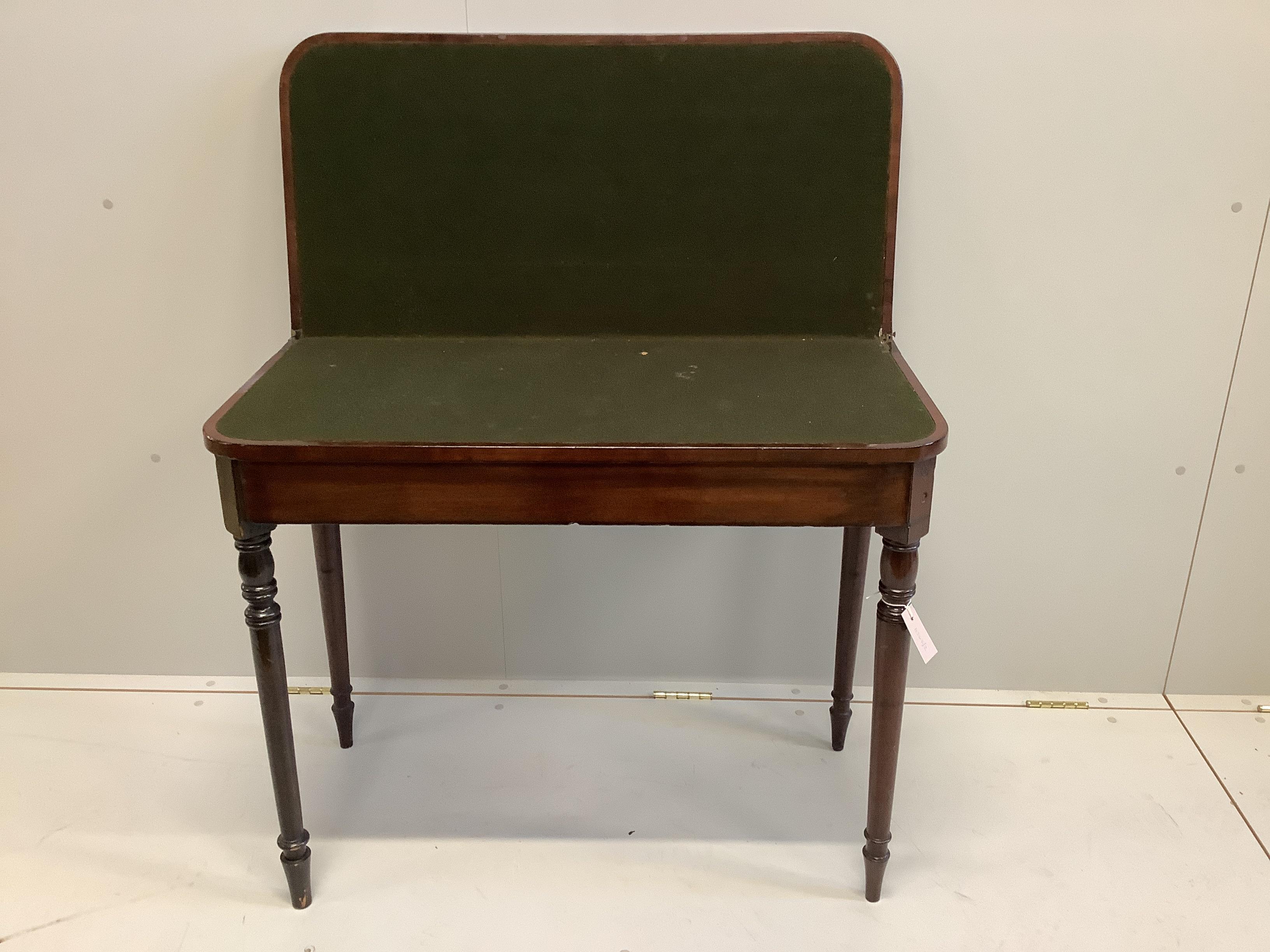 A Regency rectangular mahogany folding card table, width 92cm, depth 44cm, height 75cm